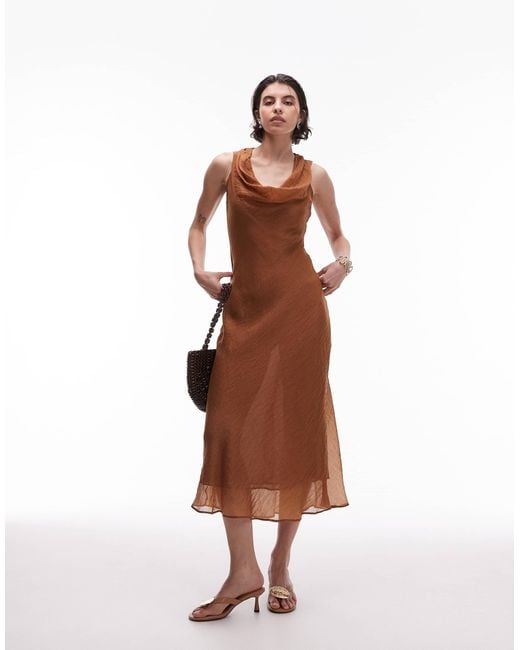 Mango Cowl Neck Satin Midi Dress in Brown | Lyst Mango Cowl Neck Satin Midi Dress in Brown | Lyst