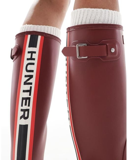 Botas De Agua Altas Vino Con Logo Tricolor Original De Hunter de color Red