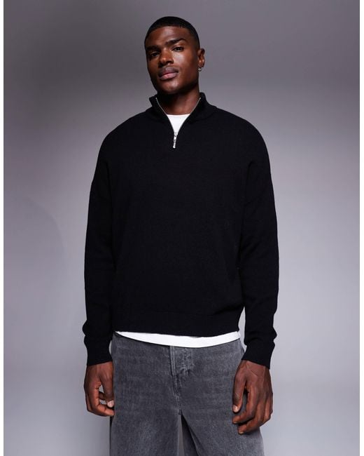 ASOS Men's Blue Oversized Knitted Lambswool Half Zip Sweater