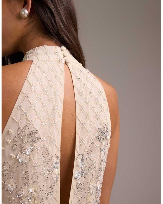 ASOS Natural Floral Embellished Halter Mini Wedding Dress With Fringe Hem