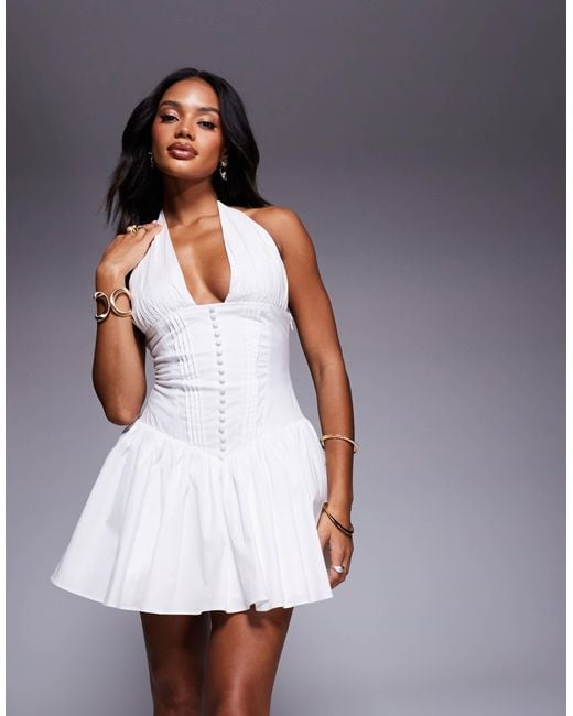 Aria Cove Purple Broderie Plunge Halterneck Corset Waist Mini Dress