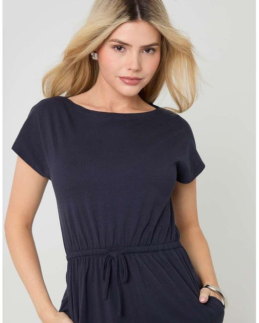 Threadbare Blue Drawstring Waist Boat Neck Cotton Jersey Maxi Dress