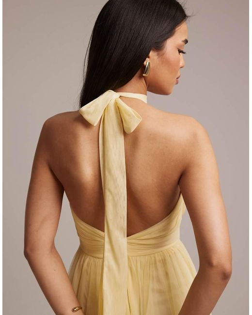 LACE & BEADS Natural Bridesmaid Tulle Halter Neck Midi Dress