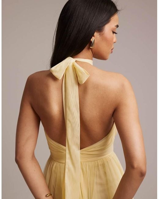 LACE & BEADS Natural Bridesmaid Tulle Halter Neck Midi Dress