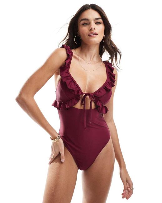 Miss Selfridge Triangel Badpak Met Ruches En Uitsnijding in het Purple