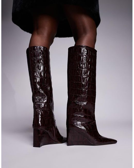 ASOS Black Clarissa Premium Leather Wedge Pull On Boots With Chisel Toe