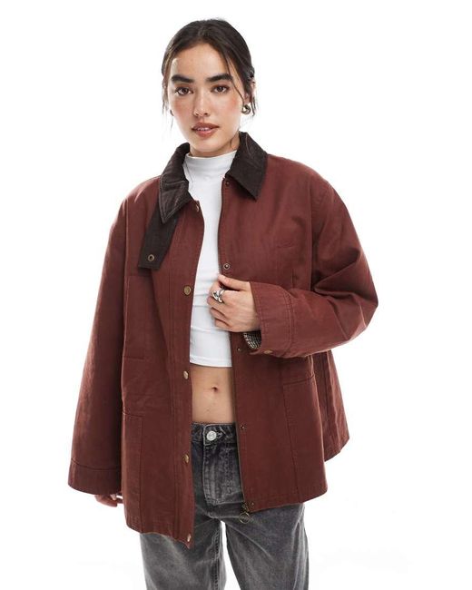 ASOS Red Waxed Cinched Waist Jacket With Contrast Collar
