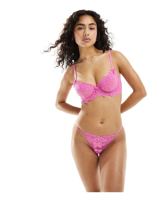 Cotton On Pink Cotton On Embroidered Heart Lace Underwired Bra With Satin Straps