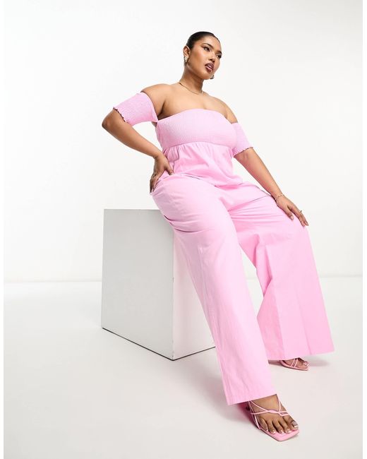 The Frolic Plus Pink Shirred Off Shoulder Wide Leg Jumpsuit