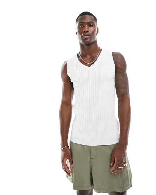 ASOS White Muscle Lightweight Knitted Rib V Neck Vest for men