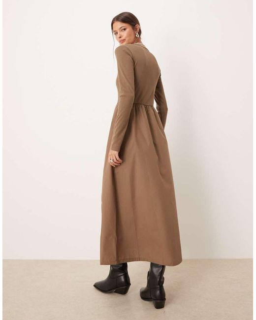 Threadbare Natural Long Sleeve Square Neck Midi Dress With Poplin Skirt