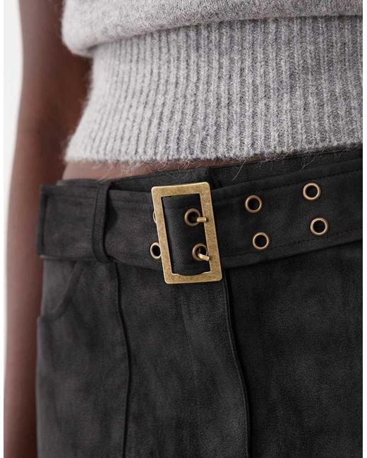 New Look Gray Belted A-Line Faux Suede Mini Skirt