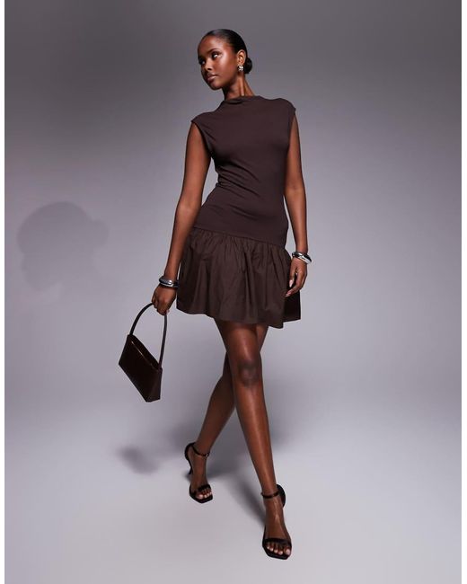 ASOS Brown Grown On Neck Mini Dress With Poplin Mix Skirt