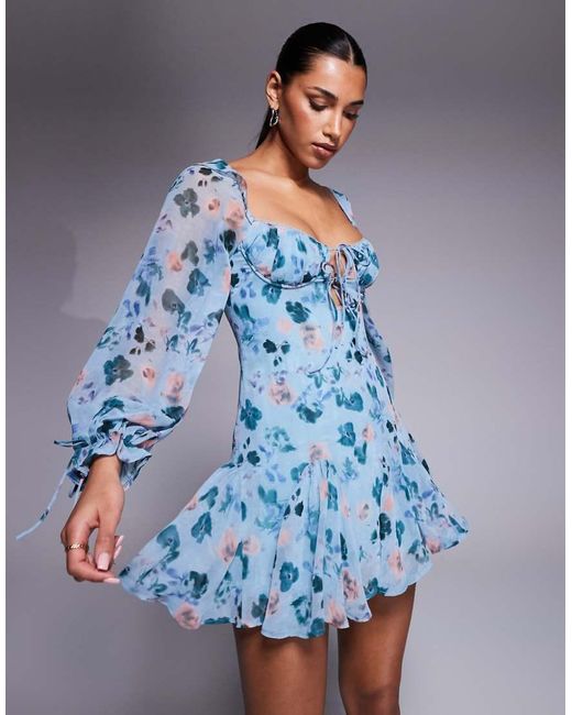 Love Triangle Blue Milkmaid Mini Dress With Tie Detail