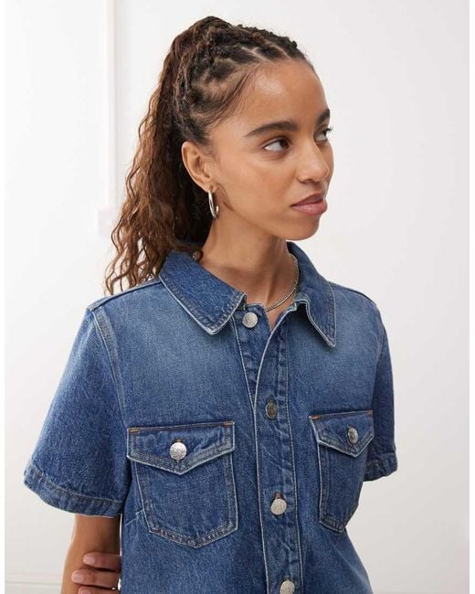 Monki Blue Denim Tunic Dress With Flippy Hem