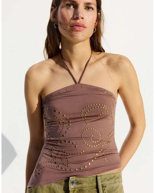 Bershka Brown Studded Halter Top