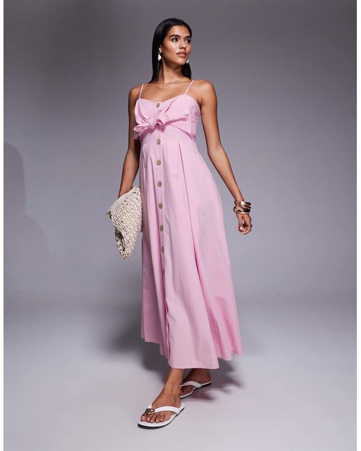 River Island Pink Midi Bow Button Up Dress