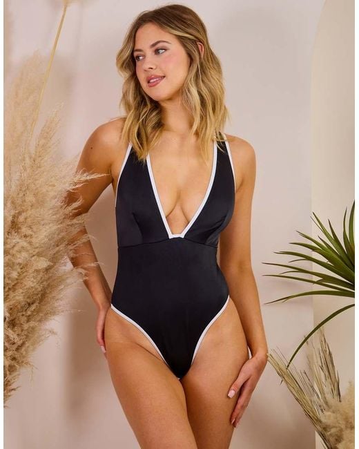 Wolf & Whistle Black X Maia Andrews Contrast Trim Plunge Swimsuit