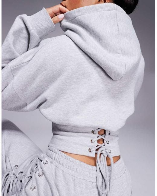 Kaiia Blue Cotton Rich Cinched Waist Lace Up Corset Detail Hoodie Co-Ord