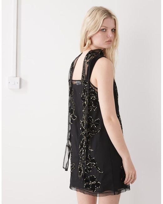 Reclaimed Vintage Black Limited Edition Floral Embroidered Sequin Mini Shift Dress With Scarf