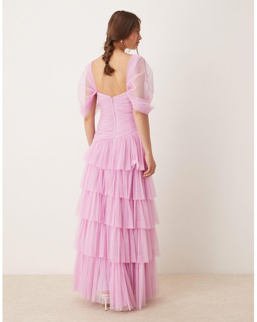 Blush Pink Lace Appliqué Tulle Maxi Dress with Spaghetti Straps & Lace-Up Back