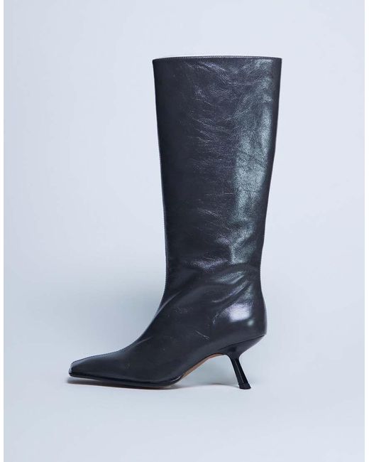 Botas Por La Rodilla Grises Con Puntera Cuadrada De Cuero Premium Scarlett De TOPSHOP de color Blue