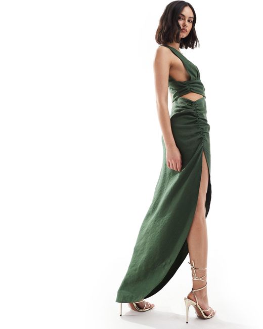 ASOS Green Textured Plunge Front Asymmetric Hem Maxi Dress