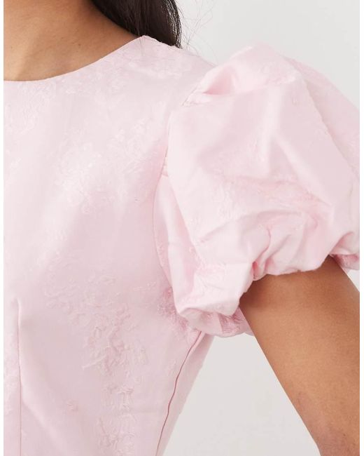 Sister Jane Pink Jacquard Puff Sleeve Structured Hem Midi Dress