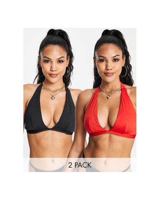 ASOS Synthetic Fuller Bust 2 Pack Halter Plunge Bikini Top in Orange | Lyst
