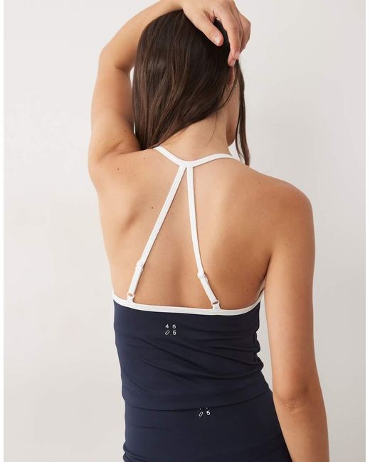 4505 Blue Active Ruched Front Singlet With Inner Bra And Contrast Piping
