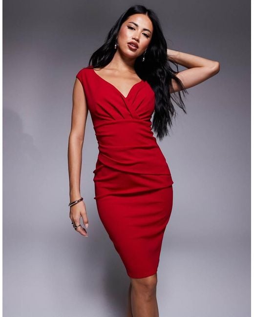 Goddiva Red Bardot Pleated Midi Dress