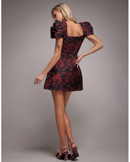 Goddiva Brown Plunging Neck Pleated Sleeve Jacquard Mini Dress