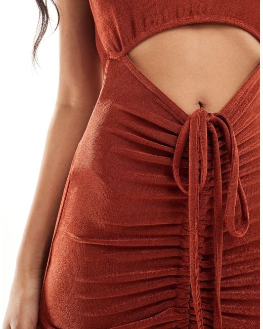 ASOS Red Slinky Asymmetric Neckline Ruched Maxi Dress