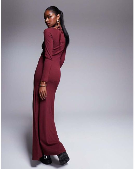 ASOS Ribbed Long Flare Sleeve Tie Neck Maxi Dress in Red Lyst UK