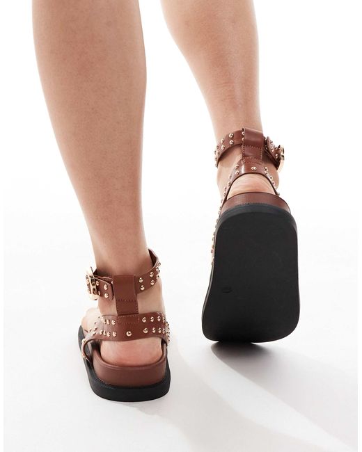 London Rebel Brown Flat Stud Toe Loop Sandals