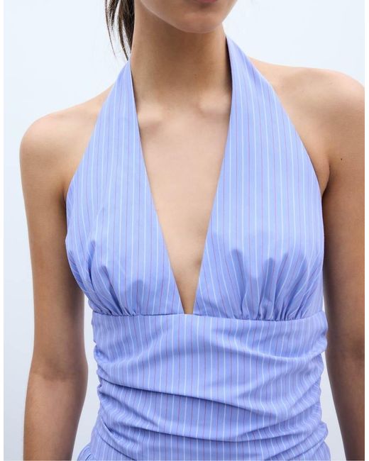 Stradivarius Blue Halter Poplin Midi Dress