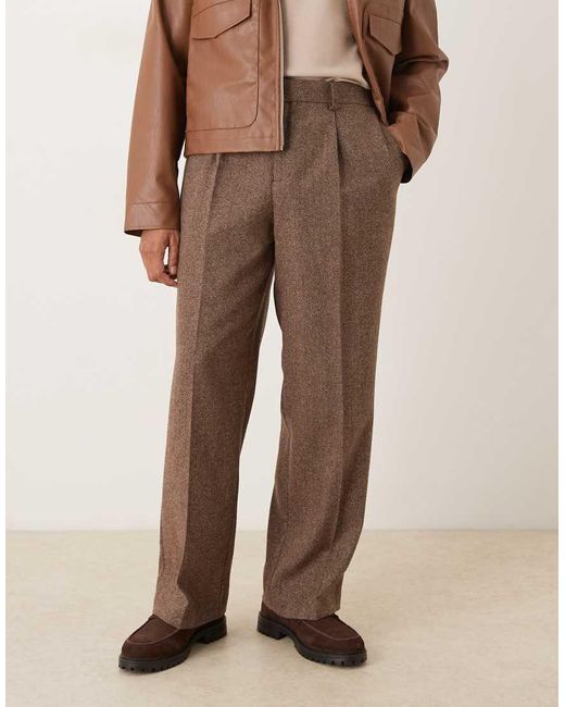 Pantalones De Vestir Marrones De Pernera Ancha Con Pinzas Y Cintura Elástica De Mezcla De Lana De ASOS de hombre de color Natural