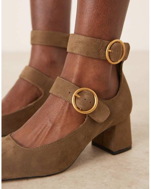 ASOS Natural Sasha Double Buckle Strap Mid Block Heel Shoes