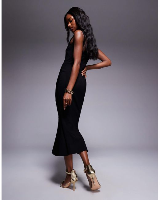 Vesper Blue Bengaline Sleeveless Square Neck Fishtail Midi Dress