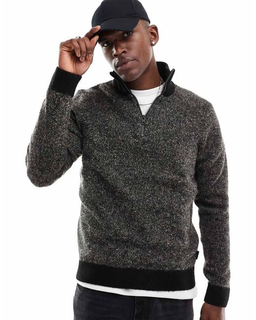 Jack & Jones Black Half Zip Knitted Jumper With Neps for men