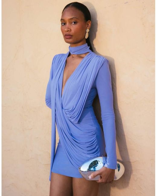 ASOS Blue Mesh Draped Power Shoulder Mini With Scarf