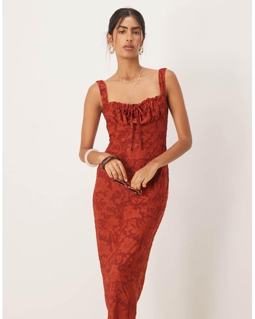 ASOS Red Ruched Bust Corset Detail Midi Dress