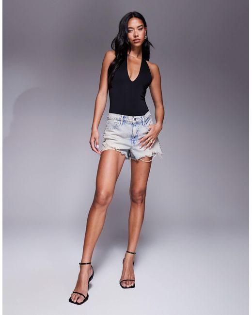 GOOD AMERICAN Blue Scuba Halter V Neck Bodysuit