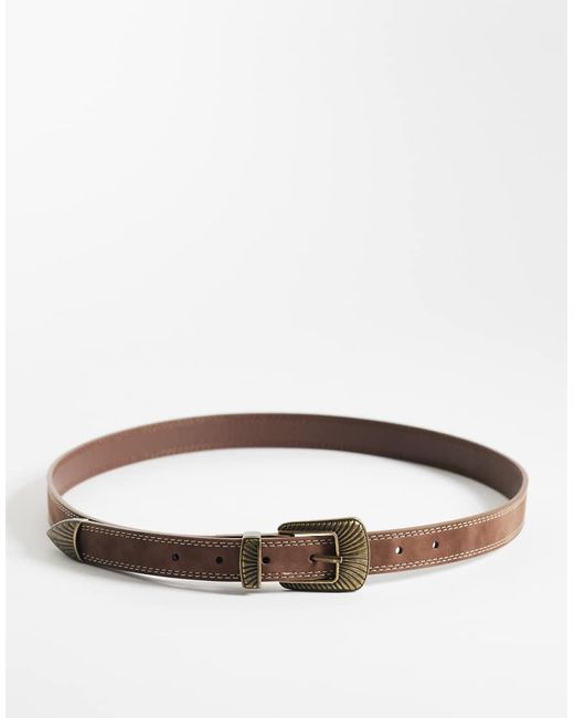 ASOS Brown Double Stitch Edge Faux Nubuck Belt With Antique Gold Western Buckle for men