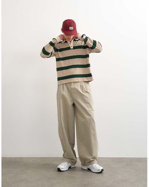 Topman Green Relaxed Cropped Long Sleeve Rugby Polo for men