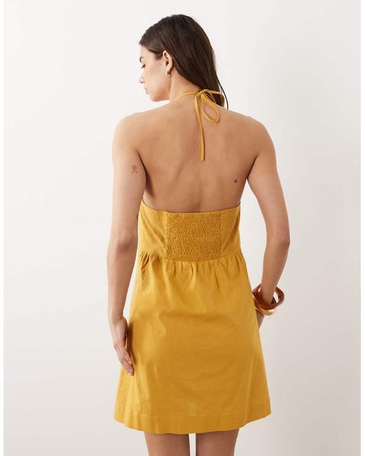 Nobody's Child Yellow Brooka Linen Blend Halter Neck Open Back Mini Dress