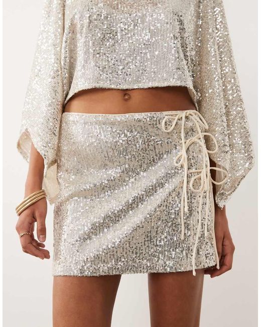 ASOS Gray Sequin Tie Side Mini Skirt