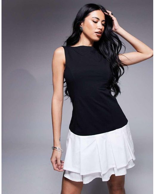 ASOS Blue Sleeveless Slash Neck Dropped Poplin Skirt Mini Dress Mono