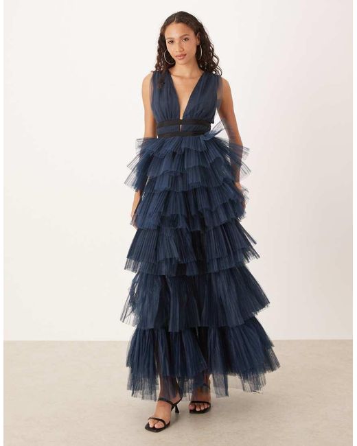 True Decadence Blue Plunging Neck Layered Tulle Maxi Dress