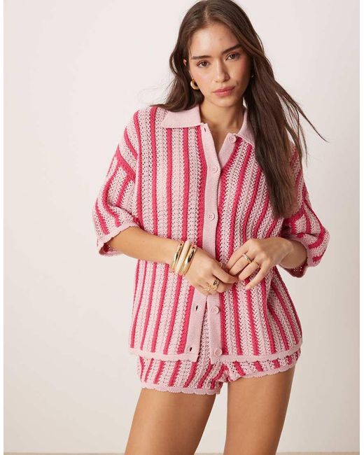 ASOS Gebreide Gestreepte Short Geschulpte Rand in het Pink